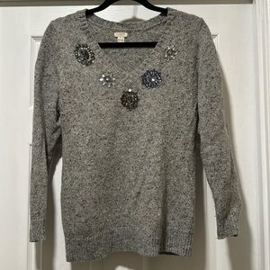 J.CREW FACTORY | rhinestone embellished v-neck gray sweater SMALL style B3799